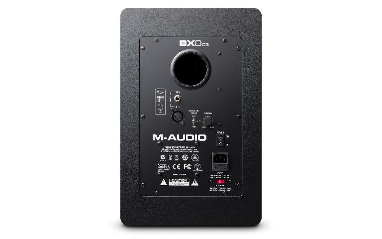 M-Audio BX8 D3 reference monitors rear view.