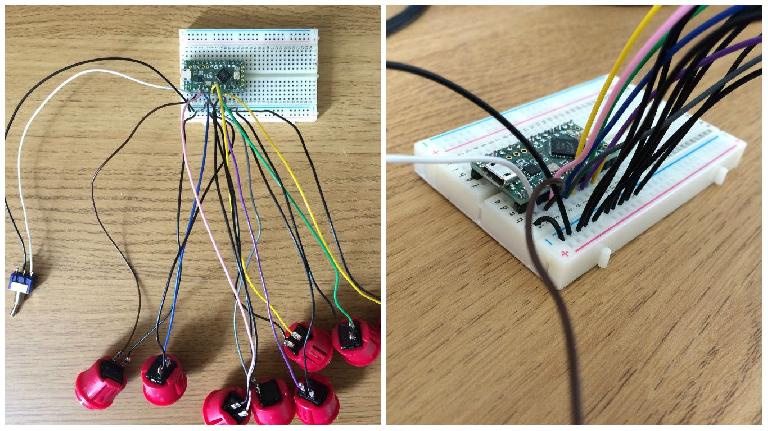 The toggle switch and push buttons connected to the breadboard 
