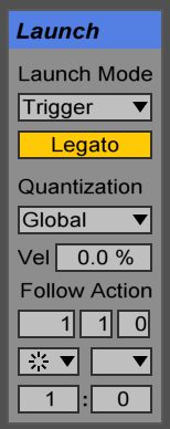 Legato switched on for a beat clip that will play for five quarter notes before playing another clip in the group.