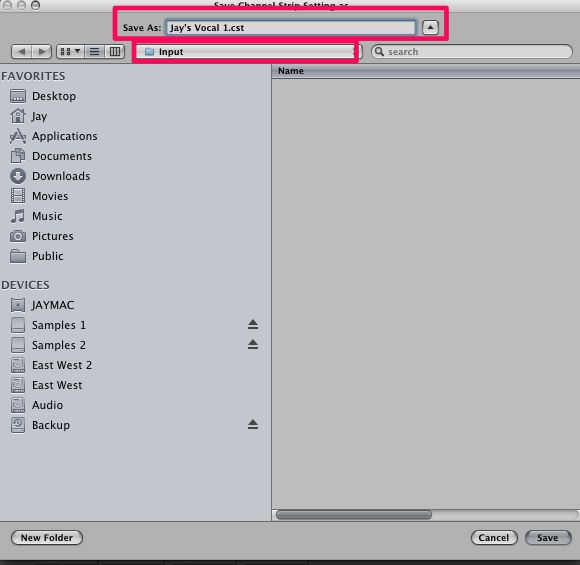 Pic 13. Naming the channel strips settings.