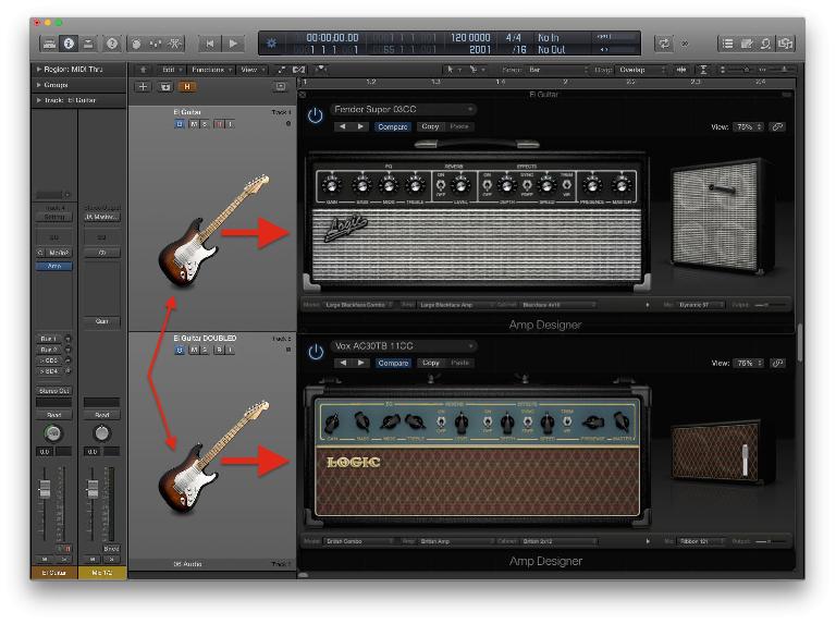 Fig 2 Running a doubled guitar through different amps can help distinguish the tracks more subtly than just different EQ