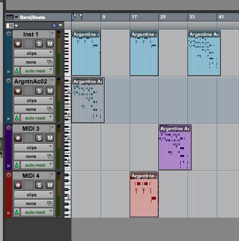 Default view of MIDI recorded in Pro Tools.