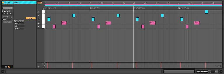 Vertical lines showing the 1-bar Operator Bass loop length in contrast to the 4-bar Wave Bass pattern.