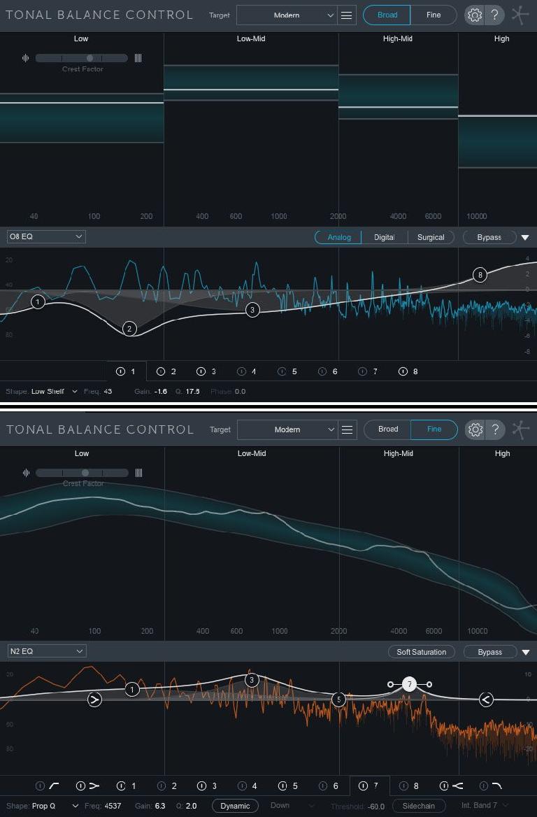Tonal Balance Control interface with Ozone 8 EQ (top, Broad view) and Neutron 2 EQ (bottom, Fine view).