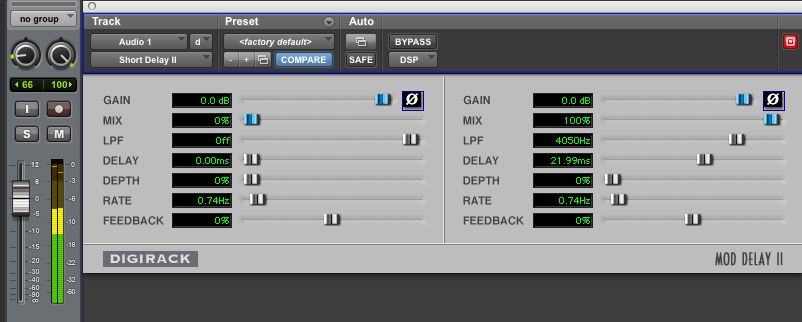 Figure 2: Mono to stereo delay. Shown is the plug-in Short Delay II (mono – stereo) inserted in a mono channel. Notice the parameters on the left side are set to zero and the right side has a 22 ms delay with a LPF (low pass filter) set at 4 kHz. The channel pan controls are set at 66 to the left and 100 to the right. The result is the sound is located near the left edge of the stage and the first reflection bouncing off the right wall. Since the sound would travel much farther on its first reflection, the 4 kHz LPF mimics the high-end absorption of air and environment.