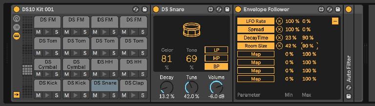 Reverb parameters mapped along with Operator from the snare Envelope Follower.