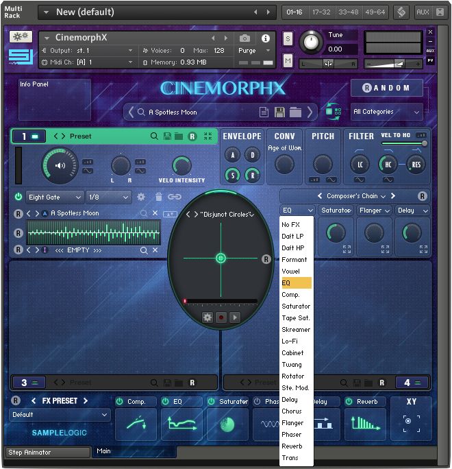 Fig. 5—A Soundcore in CinemorphX, showing the Soundsources, Morph Animator, parameters, and effects.