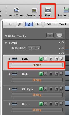 The Flex button in the toolbar and where to choose the Flex mode on the track header