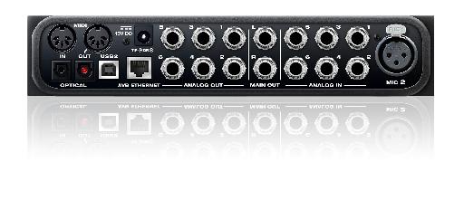 The MOTU Ultralite AVB 18-in/18-out mobile audio interface (rear view).