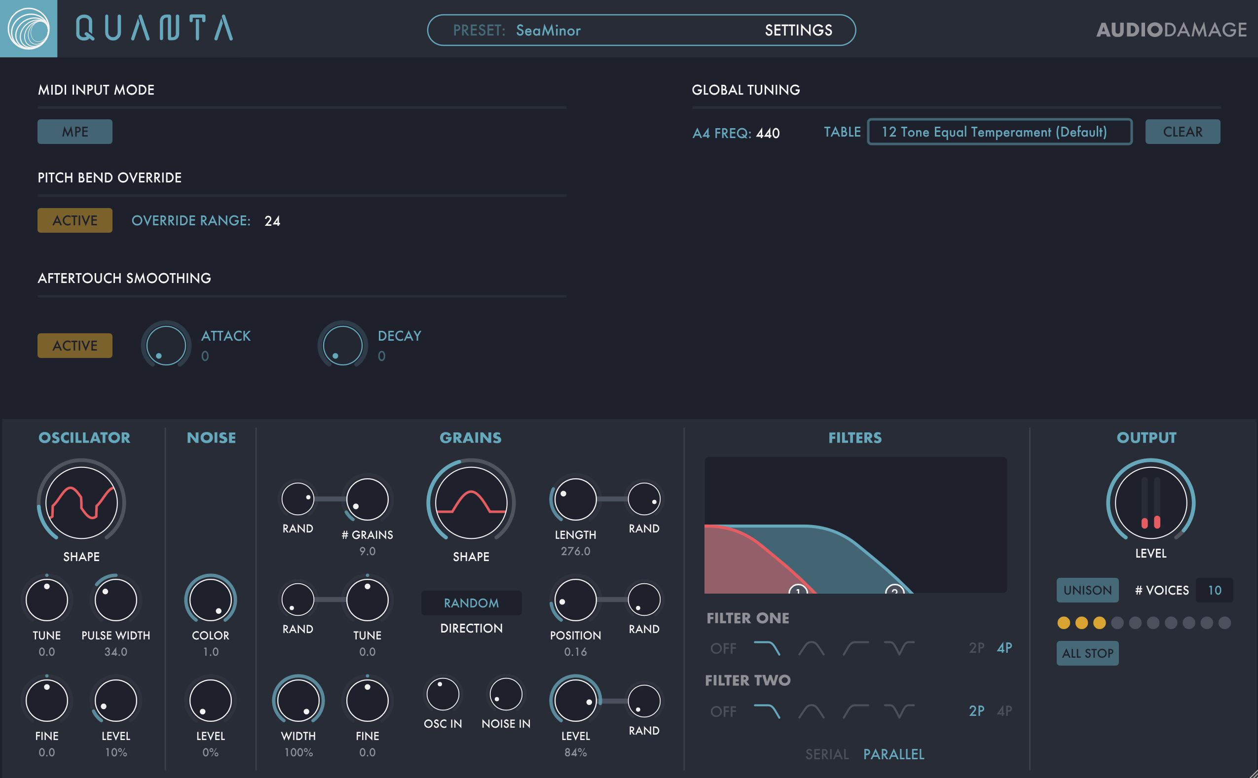 Quanta’s global Settings include optional MPE MIDI input, Aftertouch smoothing, and alternate tunings