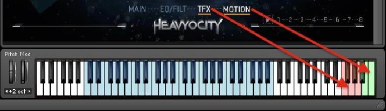 Fig 2 The various real-time trigger keys in Gravity: the five TFX keys (pink), and the three MOTION sequence triggers (green).