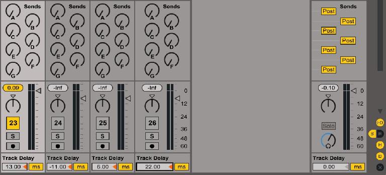 Track Delay is visible beneath each track’s volume slider in the Session view, so long as the D toggle, located above the Crossfader X and below the Mixer M toggles in the Mixer reveal area at bottom right, is enabled.