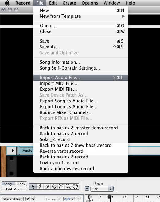 Importing audio into a fresh Record project