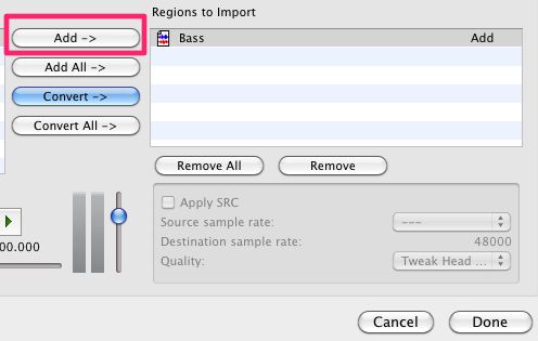 Choosing 'Add' in the Import Audio dialog