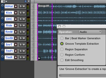 Extracting a groove template from a region-grouped drum performance