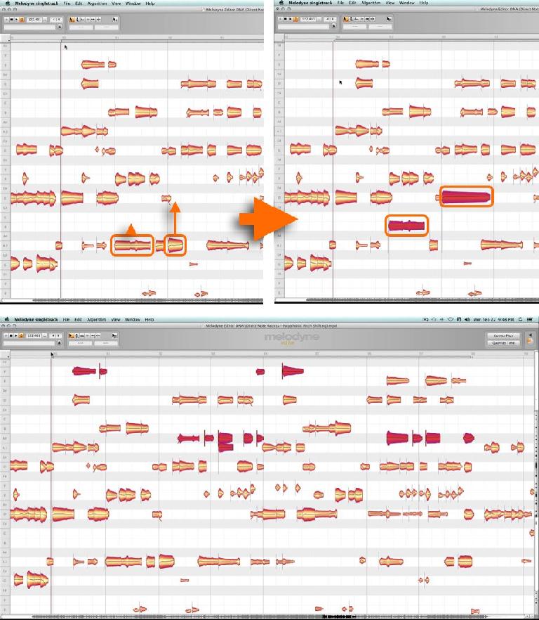 Fig 3 Melodyne Editor’s DNA feature at work editing individual notes in a polyphonic audio recording: Top: bad notes within chords are fixed; Bottom: (the same) major chords are changed to minor