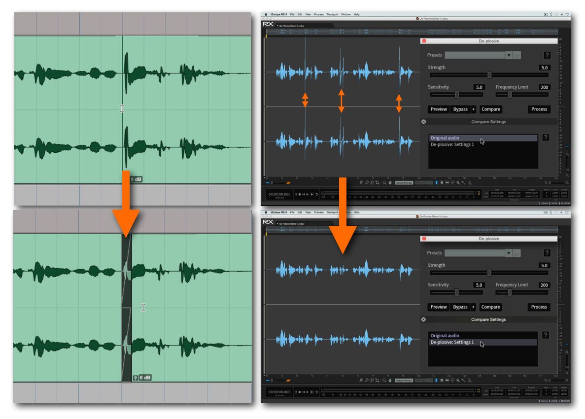 Fig 3 Plosives eliminated by (L) editing them out; (R) applying audio repair software processing (iZotope RX5)