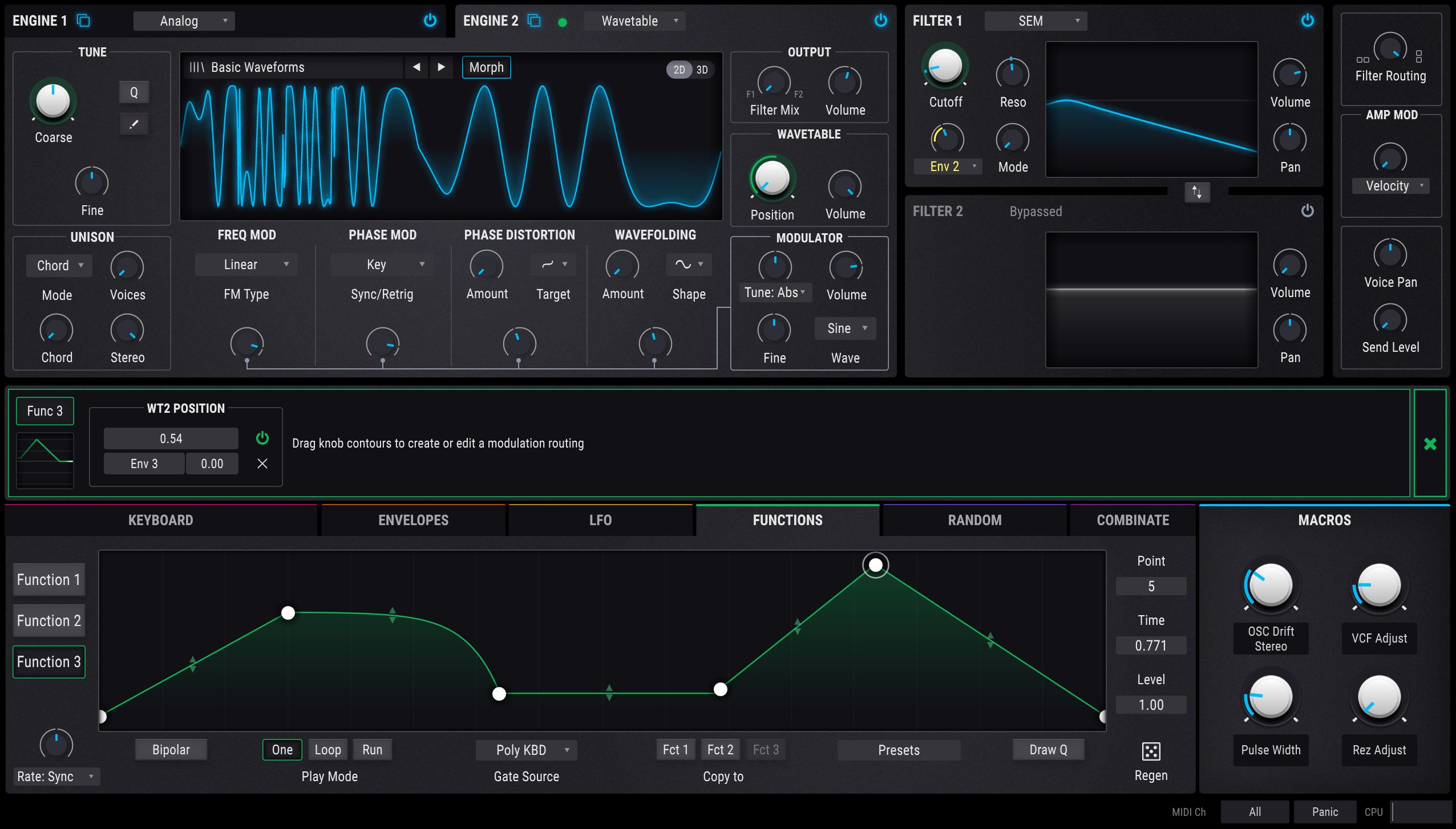 Function 3, customized, assigned to wavetable position, and sidechained to Envelope 3; you can save your own custom Function shapes via the Presets menu at bottom.  